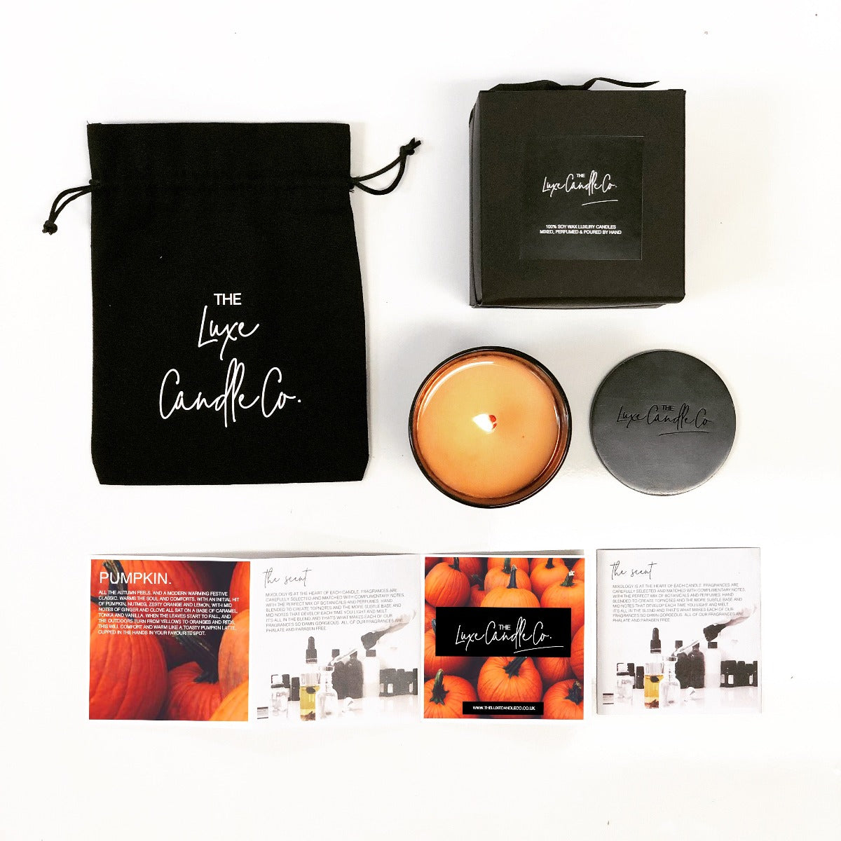 Pumpkin scented candles in box with lid and pouch | The Luxe Candle Co.