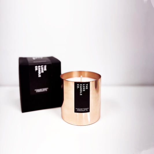Luxury soy wax candle in rose gold vessel jar