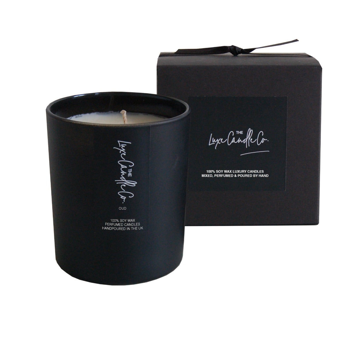 Luxury soy wax candle with oud scent fragrance in black glass jar