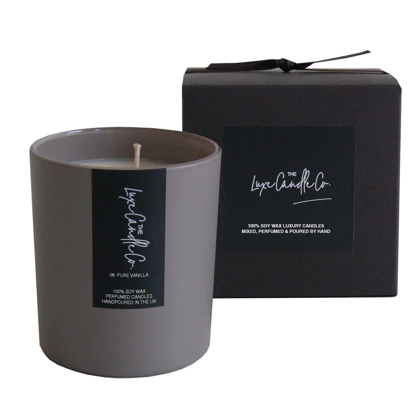 Luxury grey vanilla scented soy wax candle with vanilla fragrance gift boxed