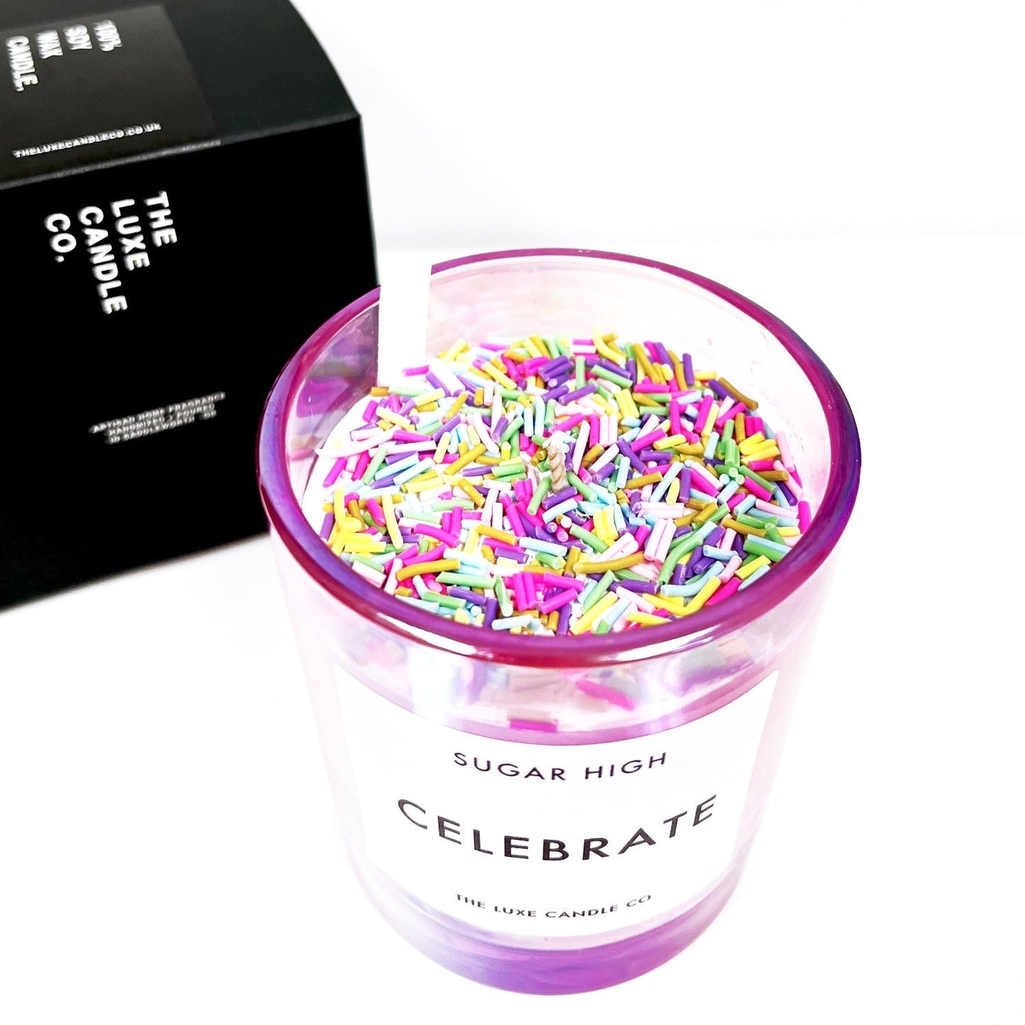 Birthday candle scented with birthday cake in pink irridescent jar