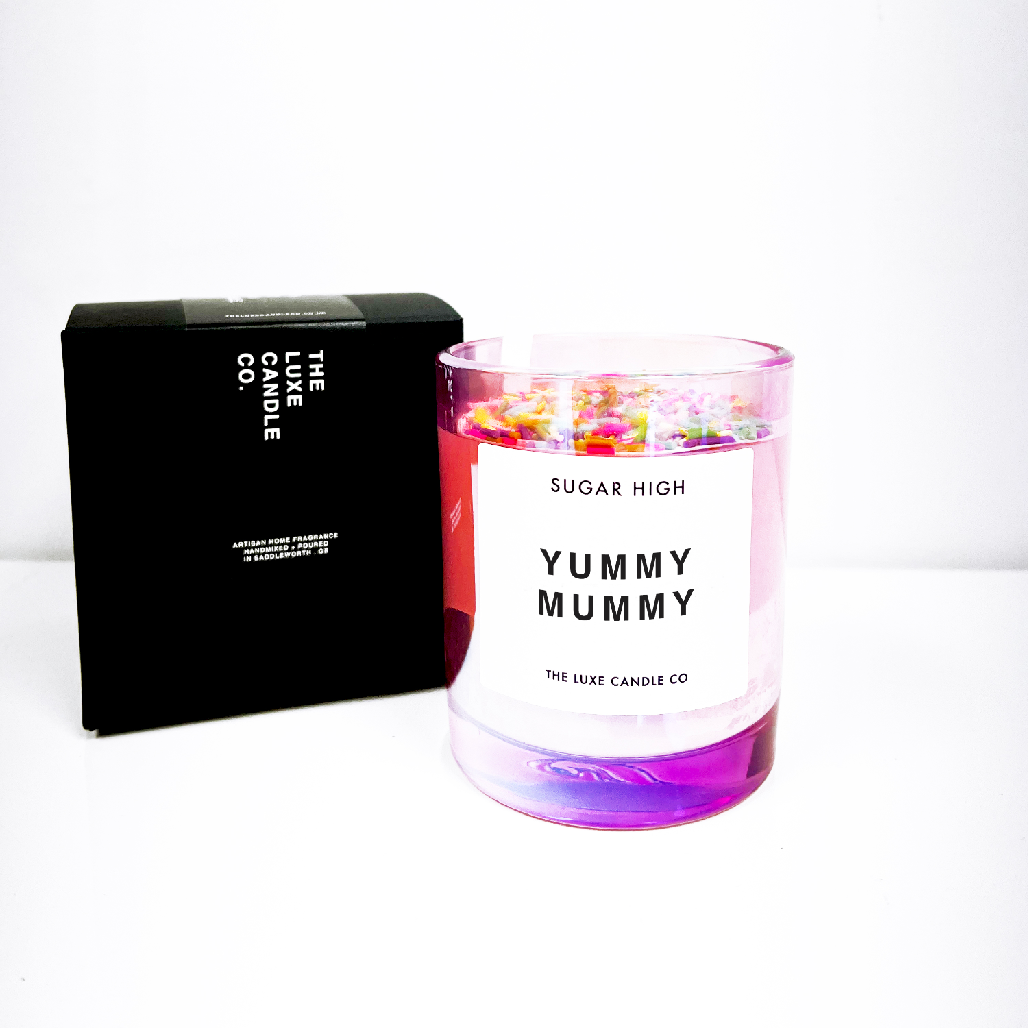 Yummy Mummy mothers day candle in pink glass