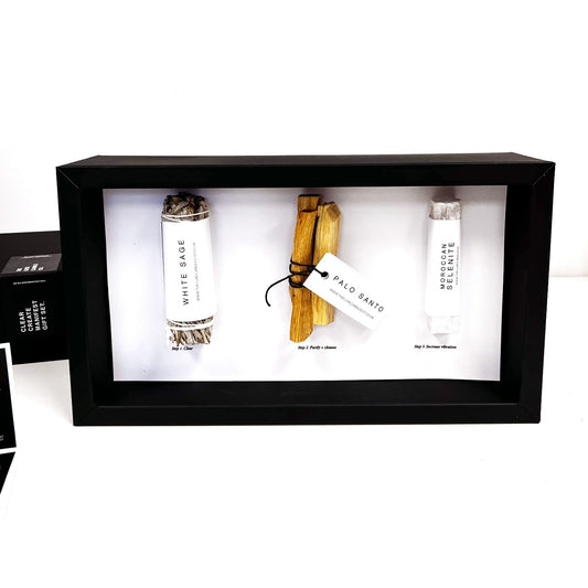 Clear Create Manifest Gift Set - The Luxe Co gift boxed manifest kit includes white sage palo santo selenite