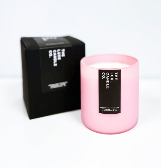 Luxury soy wax candle with raspberry + pink peppercorn scent fragrance in minimal contemporary pigment rich coloured glass jar