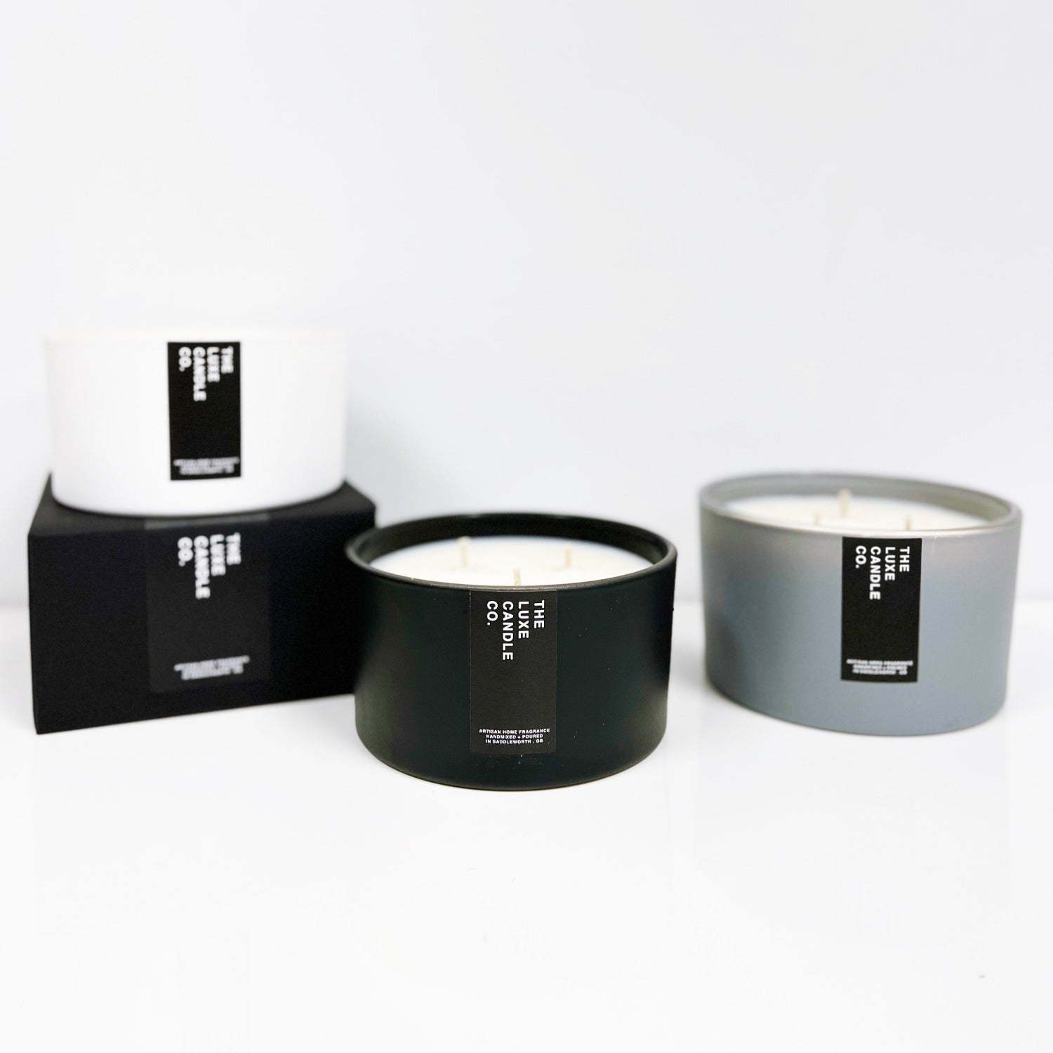 Multiwick scented large candles - white black and grey 3 wicks soy candle by The Luxe Candle Co