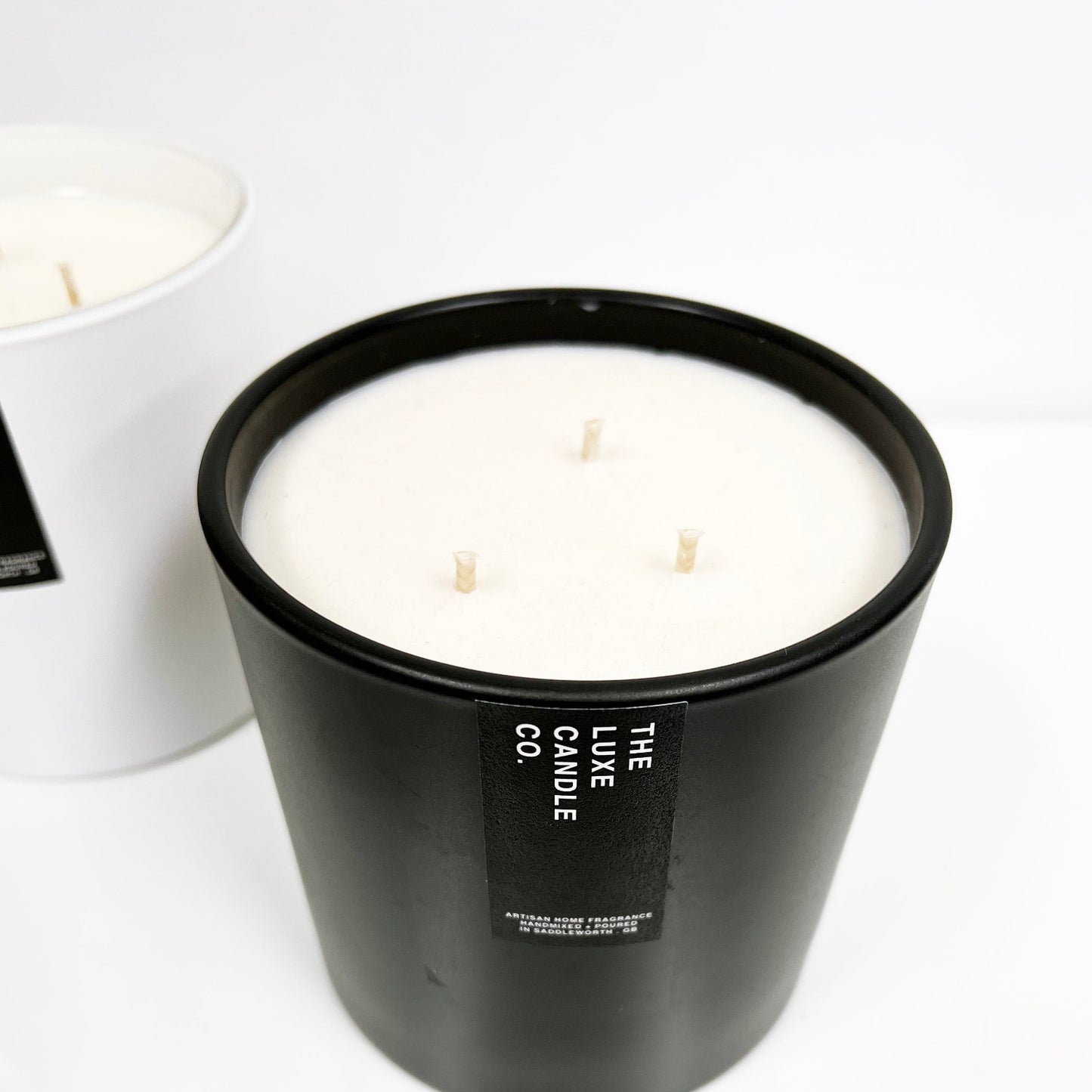 Black and white 3 wick candles hand poured with scented soy wax by The Luxe Co